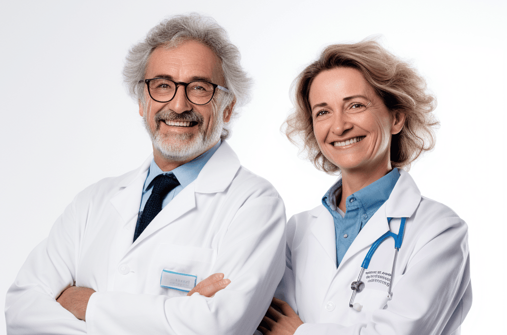 Two people in white coats smiling