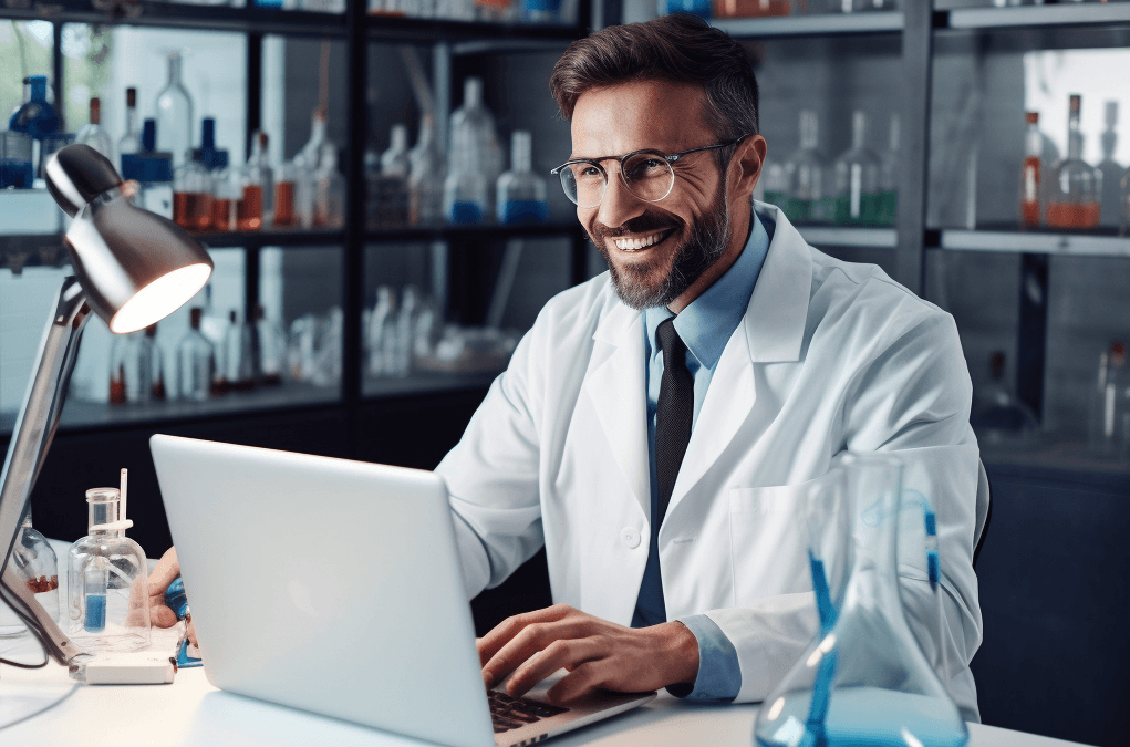 A man in a coat in a lab smiling, in front of a computer
